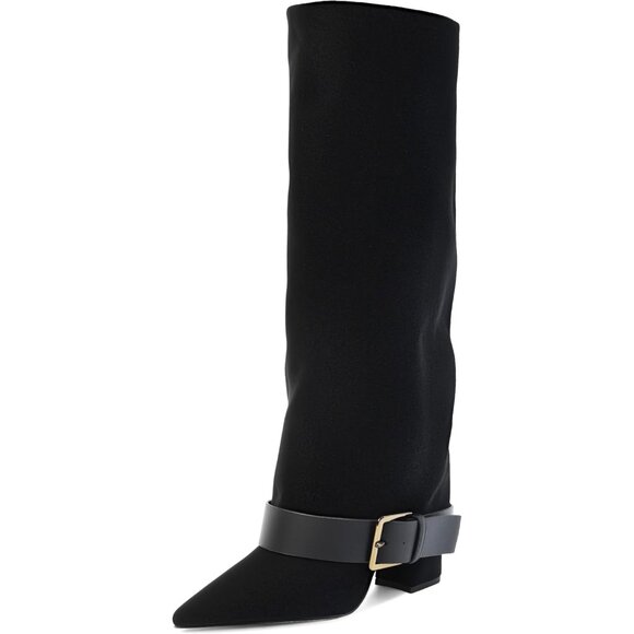 Shoes - Women's Black Suede Wide Calf Pointed Toe Belt Buckle Knee High Fall Long Boot